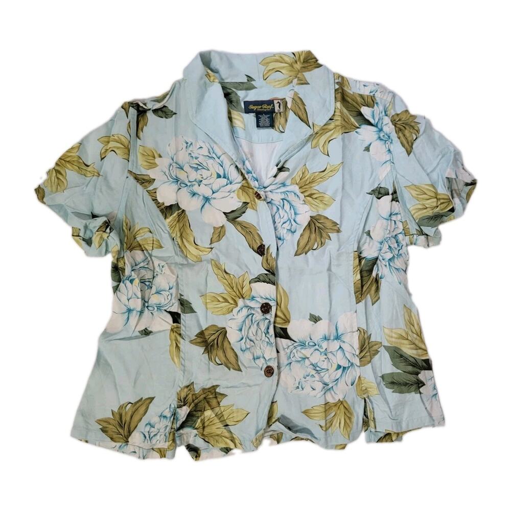 Sugar Reef Womens L Tropical Summer Floral Cruise Vacation Button Down Shirt
